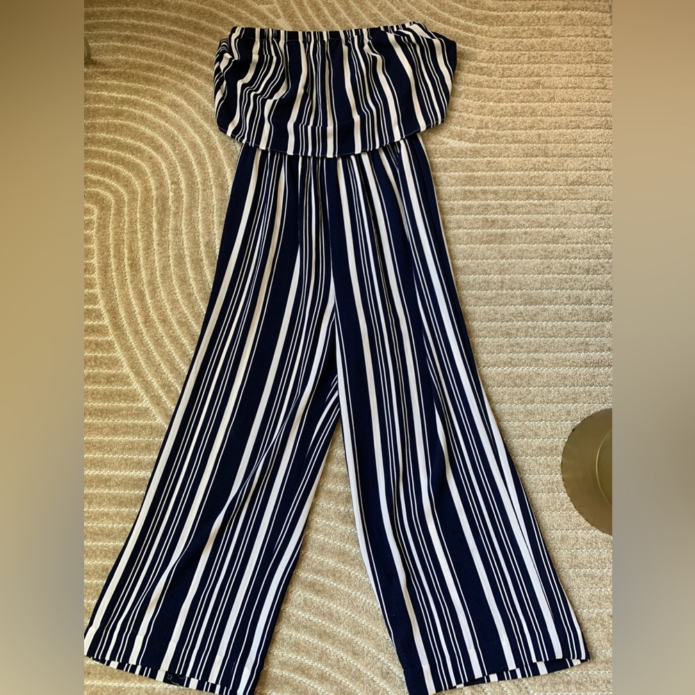 Adorable blue and white stripe wide leg jumpsuit